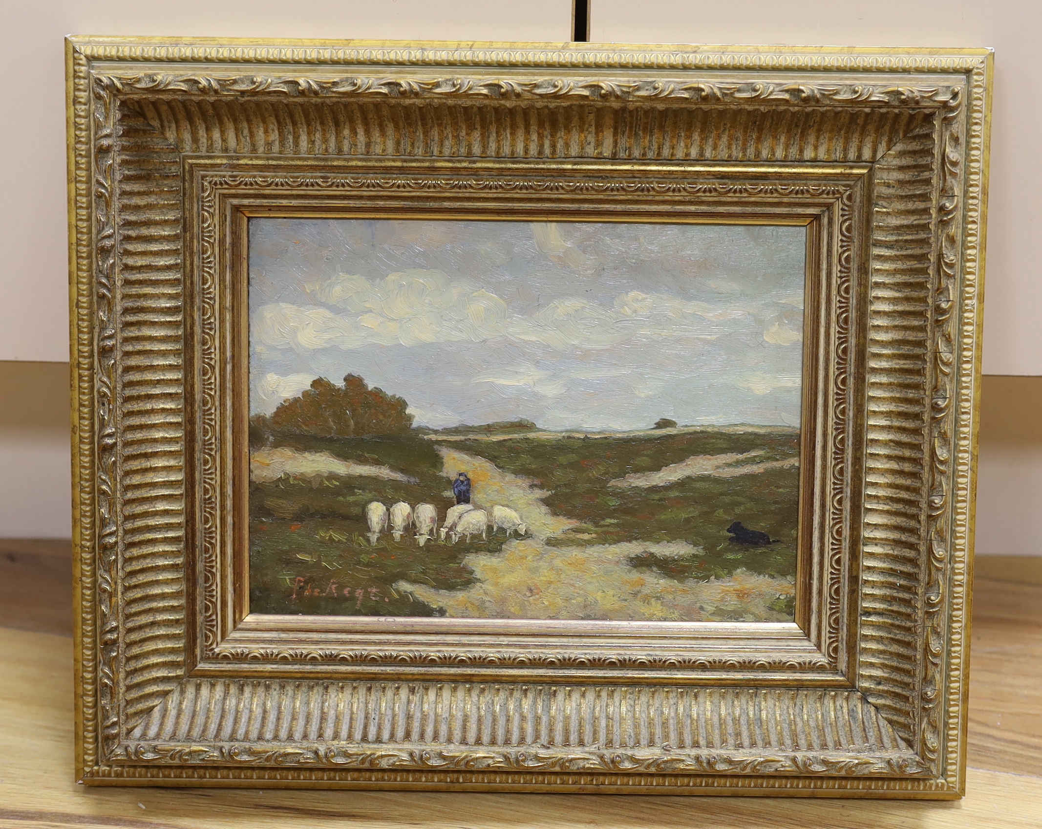 Pieter De Regt (Dutch, 1877-1960), Impressionist oil on board, Shepherd and flock of sheep, signed, 16 x 23cm, ornate gilt framed
